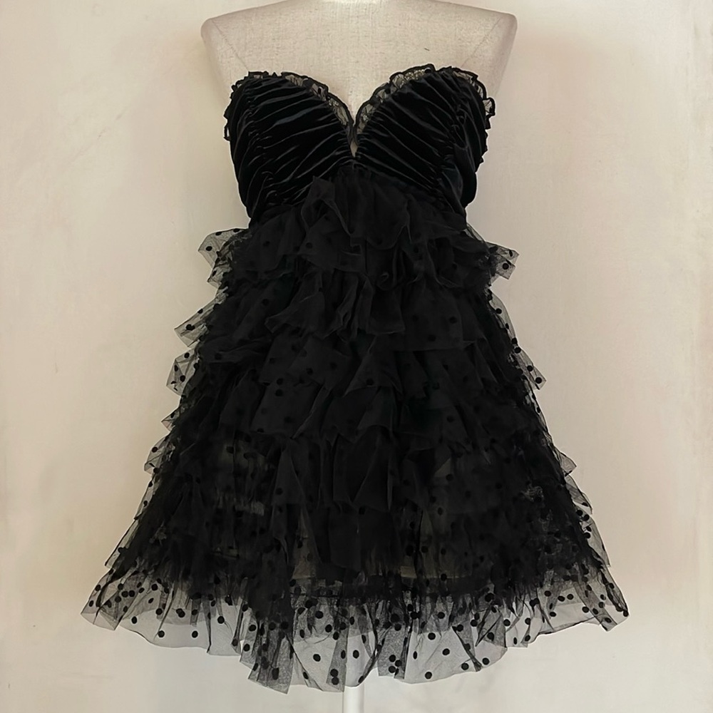 For Love And Lemons Black Mini Dress Ruffles with Gloves! - Picture 3 of 9